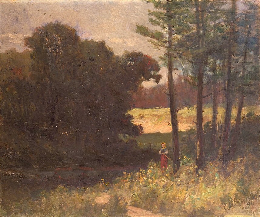 Edward Mitchell Bannister landscape with trees and woman